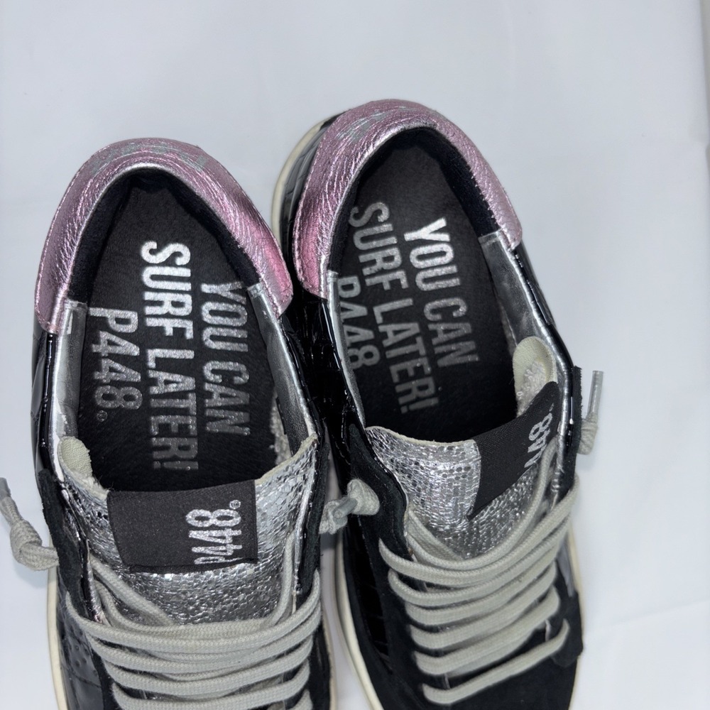 P448 Women John Embossed Patent Leather Gillter Lace Up Sneakers Sz 37/7 Comfort - Picture 10 of 16
